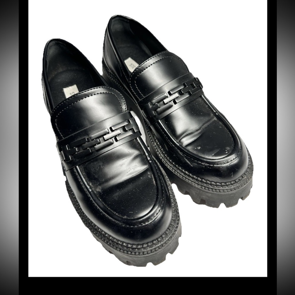 STEVE MADDEN Women’s Beckman Black Flocked Leather Loafer Lug Chunk Sole Sz 8.5
